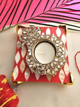 Homearte - Metal Kalash Shape Diya with Red Mop Pooja Platter with Box Traditional Diya