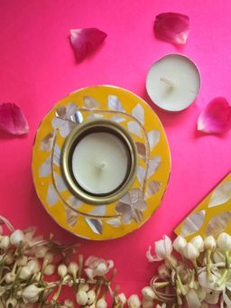 Homearte - Mother Of Pearl Yellow Round Tea Light Holder