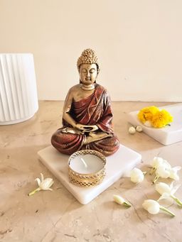 Homearte - Brown Meditating Buddha Idol with Tealight Candle Holder