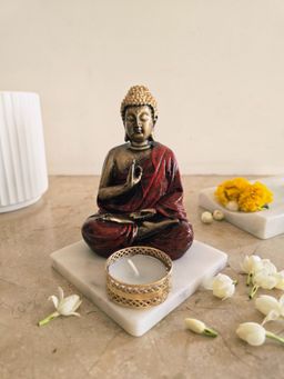 Homearte - Red Meditating Buddha Idol with Tealight Candle Holder
