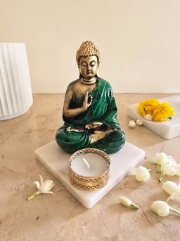 Homearte - Dark Green Meditating Buddha Idol with Tealight Candle Holder