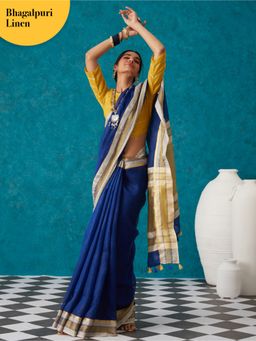 Likha - Navy Blue Linen Zari Blend Bhagalpuri Saree with Unstitched Blouse