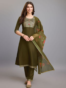 MOJILAA - Womens Green Chignon Silk Floral Jacquard Kurta with Pant & Dupatta (Set of 3)