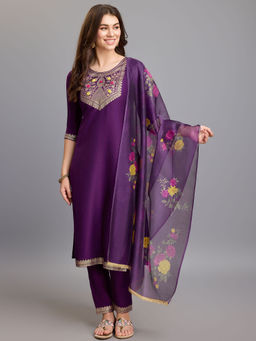 MOJILAA - Womens Purple Chignon Silk Floral Jacquard Kurta with Pant & Dupatta (Set of 3)
