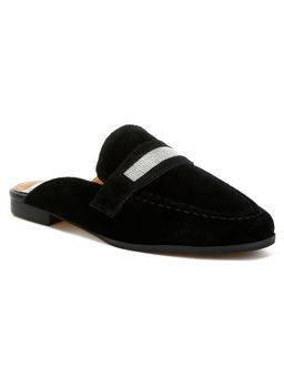 Rag & Co - Black Rhinestone Strap Suede Mules