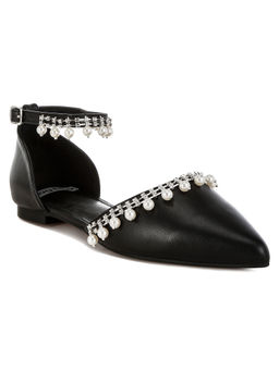 Rag & Co - Black Rhinestone and Pearl Ankle Strap Flat Sandals