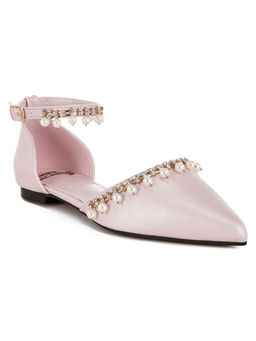 Rag & Co - Pink Rhinestone and Pearl Ankle Strap Flat Sandals