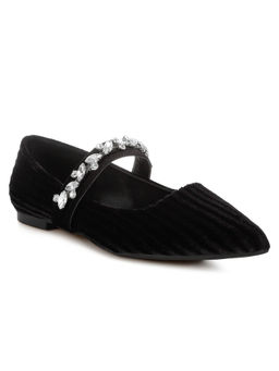 Rag & Co - Black Diamante Brooch Velvet Ballerinas