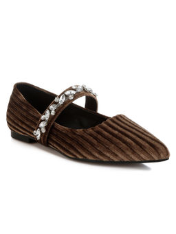 Rag & Co - Brown Diamante Brooch Velvet Ballerinas