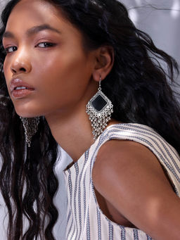 Indya - Oxidized Silver Mirror Ghungroo Dangler Earrings