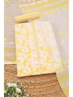 Soch - Yellow Cotton Floral Unstitched Top & Bottom with Dupatta