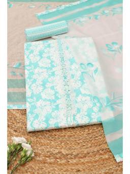 Soch - Blue Cotton Floral Unstitched Top & Bottom with Dupatta