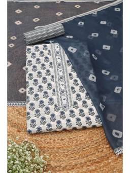 Soch - Off White Cotton Floral Unstitched Top & Bottom with Dupatta