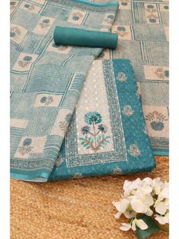 Soch - Teal Linen Floral Unstitched Top & Bottom with Dupatta
