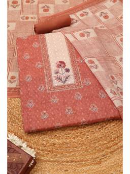 Soch - Rust Linen Floral Unstitched Top & Bottom with Dupatta