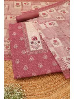Soch - Pink Linen Floral Unstitched Top & Bottom with Dupatta