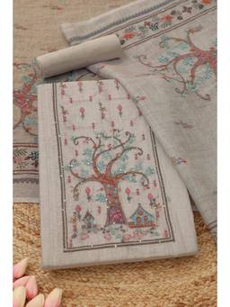 Soch - Grey Linen Embroidered Unstitched Top & Bottom with Dupatta