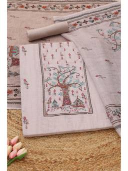 Soch - Beige Linen Embroidered Unstitched Top & Bottom with Dupatta