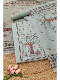 Soch - Green Linen Embroidered Unstitched Top & Bottom with Dupatta