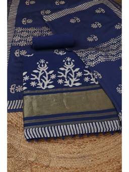 Soch - Navy Blue Chanderi Printed Unstitched Top & Bottom with Dupatta
