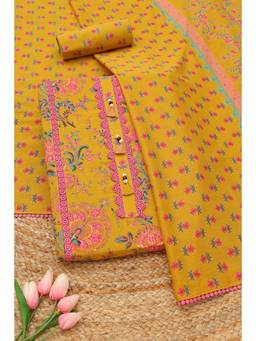 Soch - Mustard Cotton Floral Unstitched Top & Bottom with Dupatta