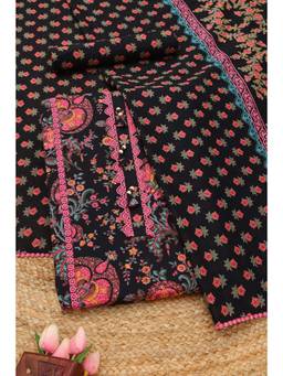 Soch - Black Cotton Floral Unstitched Top & Bottom with Dupatta