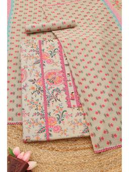 Soch - Beige Cotton Floral Unstitched Top & Bottom with Dupatta