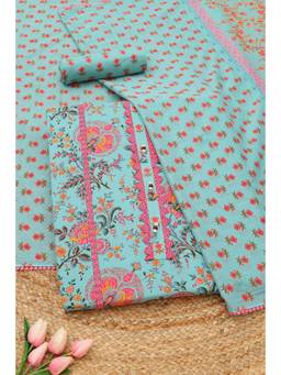 Soch - Blue Cotton Floral Unstitched Top & Bottom with Dupatta