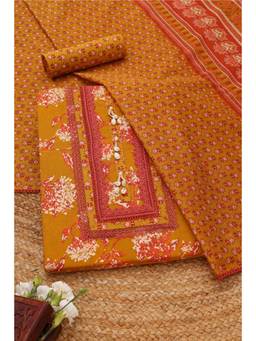 Soch - Mustard Cotton Floral Unstitched Top & Bottom with Dupatta
