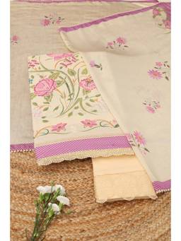 Soch - Beige Cotton Floral Unstitched Top & Bottom with Dupatta