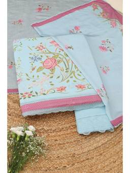 Soch - Blue Cotton Floral Unstitched Top & Bottom with Dupatta