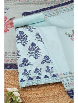 Soch - Blue Cotton Floral Unstitched Top & Bottom with Dupatta