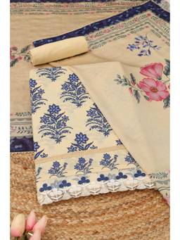Soch - Beige Cotton Floral Unstitched Top & Bottom with Dupatta