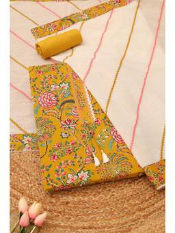 Soch - Mustard Cotton Floral Unstitched Top & Bottom with Dupatta