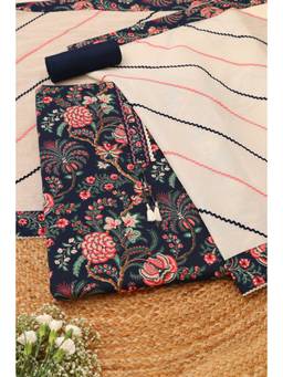 Soch - Navy Blue Cotton Floral Unstitched Top & Bottom with Dupatta