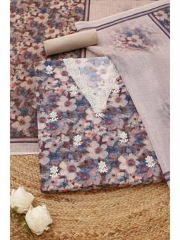 Soch - Blue Linen Floral Unstitched Top & Bottom with Dupatta