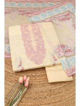 Soch - Yellow Muslin Floral Unstitched Top & Bottom with Dupatta