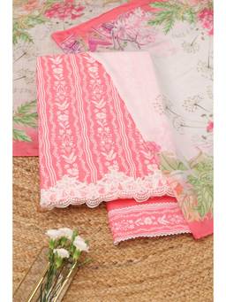 Soch - Pink Muslin Floral Unstitched Top & Bottom with Dupatta