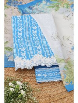 Soch - Blue Muslin Floral Unstitched Top & Bottom with Dupatta