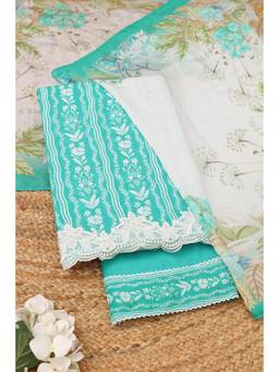 Soch - Teal Muslin Floral Unstitched Top & Bottom with Dupatta