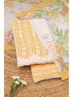 Soch - Yellow Muslin Floral Unstitched Top & Bottom with Dupatta