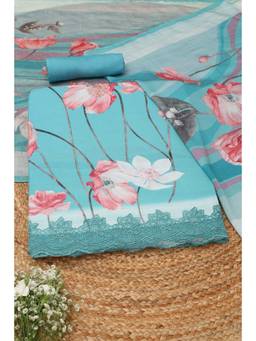 Soch - Blue Muslin Floral Unstitched Top & Bottom with Dupatta