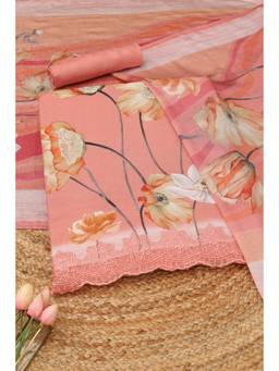 Soch - Peach Muslin Floral Unstitched Top & Bottom with Dupatta