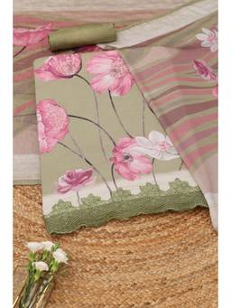 Soch - Green Muslin Floral Unstitched Top & Bottom with Dupatta