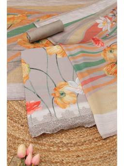 Soch - Grey Muslin Floral Unstitched Top & Bottom with Dupatta