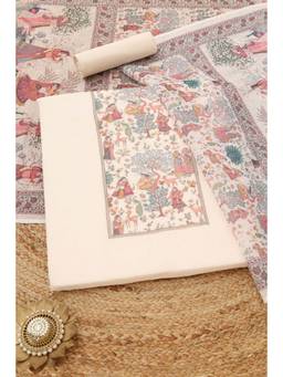 Soch - Cream Linen Printed Unstitched Top & Bottom with Dupatta