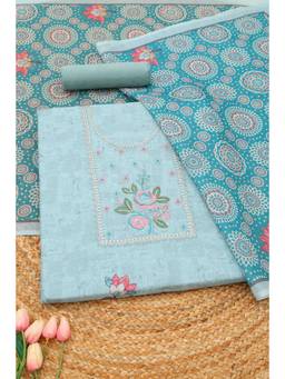 Soch - Blue Linen Embroidered Unstitched Top & Bottom with Dupatta
