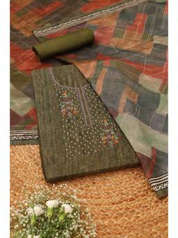 Soch - Olive Art Silk Embroidered Unstitched Top & Bottom with Dupatta