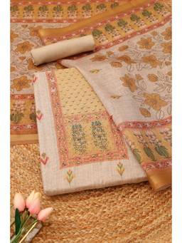 Soch - Beige Chanderi Floral Unstitched Top & Bottom with Dupatta