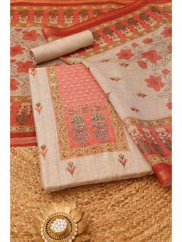 Soch - Beige Chanderi Floral Unstitched Top & Bottom with Dupatta